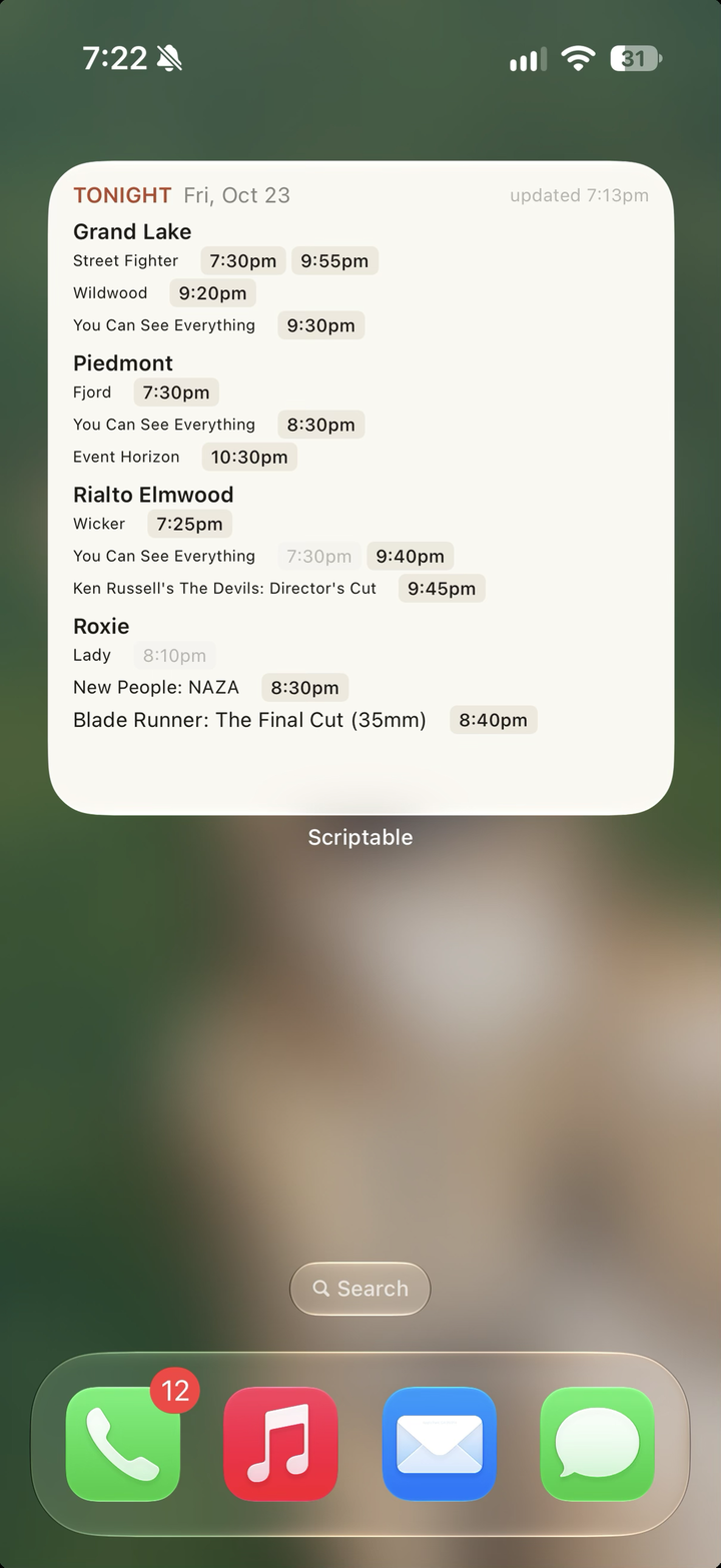 An iPhone home screen with the large Smallest Show widget at the top: TONIGHT, Fri Oct 23, then four theaters, each with its films and tappable showtimes, sold-out times greyed; the dock below