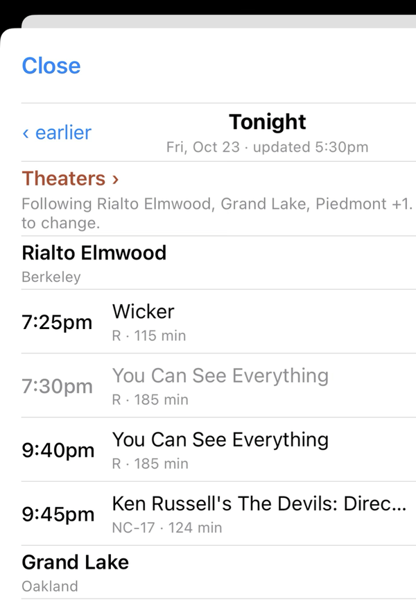 The in-app list: earlier and later buttons, the Theaters row, then each theater's shows for tonight with a tickets link, one marked sold out