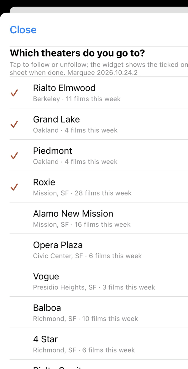 The Theaters sheet in Scriptable: a list of Bay Area theaters with a check beside the followed ones, each with its area and how many films it has this week